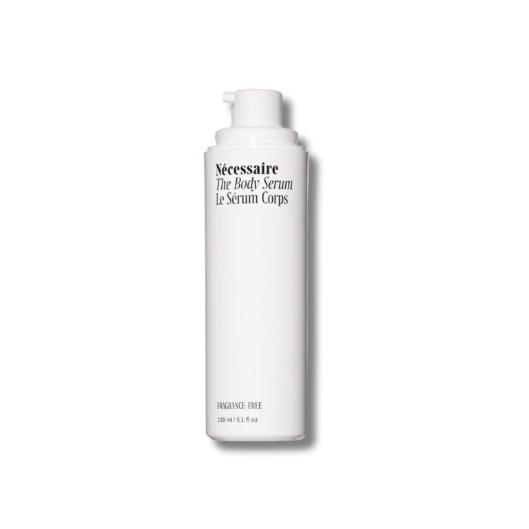 White Nécessaire The Body Serum bottle with pump, fragrance-free, on white background