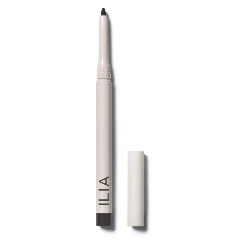 White ILIA eyeliner pencil with black tip and cap on white background