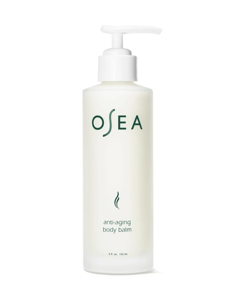 White OSEA anti-aging body balm bottle with pump dispenser, isolated on white