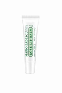 Mario Badescu Rose Lip Balm tube, white with green text, isolated on white