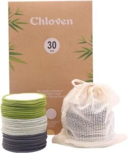Reusable makeup remover pads with a mesh bag and packaging