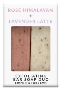 Exfoliating bar soap duo, Rose Himalayan and Lavender Latte, in a box