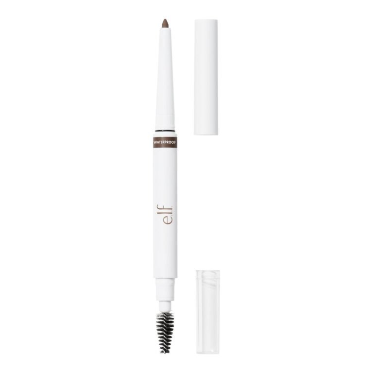 White e.l.f. waterproof eyebrow pencil with brush and caps, isolated on white