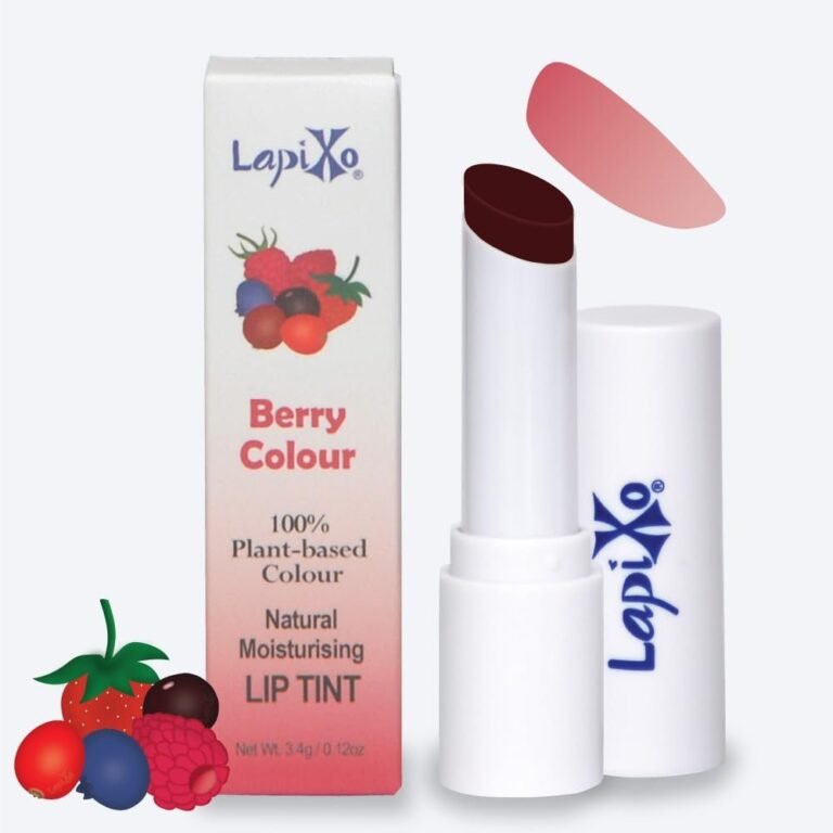 LapiXo berry lip tint with box, open lipstick, and berry color swatch