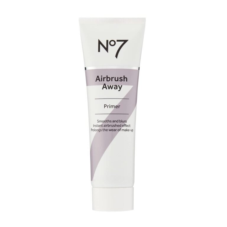 No7 Airbrush Away Primer tube, white with purple accents, isolated on white