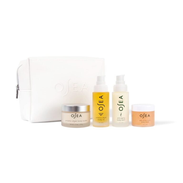 Osea skincare set with white bag, body butter, oil, balm, and scrub