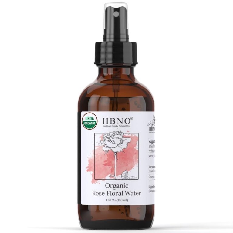 Brown bottle of organic rose floral water with a rose illustration