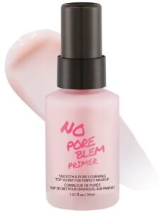 Pink "No Pore Blem Primer" bottle with a swatch of product