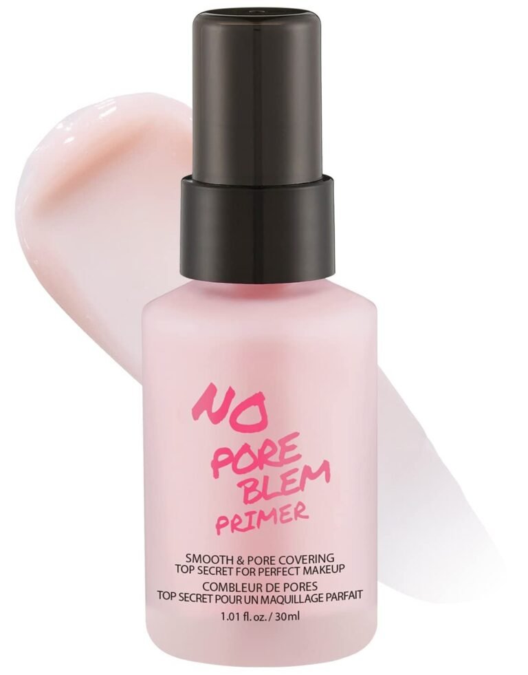 Pink "No Pore Blem Primer" bottle with a swatch of product