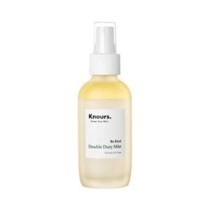 Bottle of Knours Double Duty Mist skincare product on white background