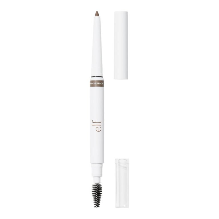 White e.l.f. waterproof eyebrow pencil with brush and caps, isolated on white