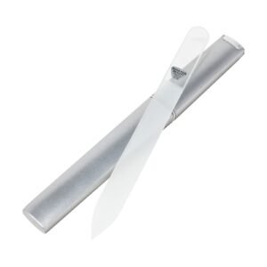 Glass nail file with case, labeled "Bona Fide Beauty Premium Czech Glass"