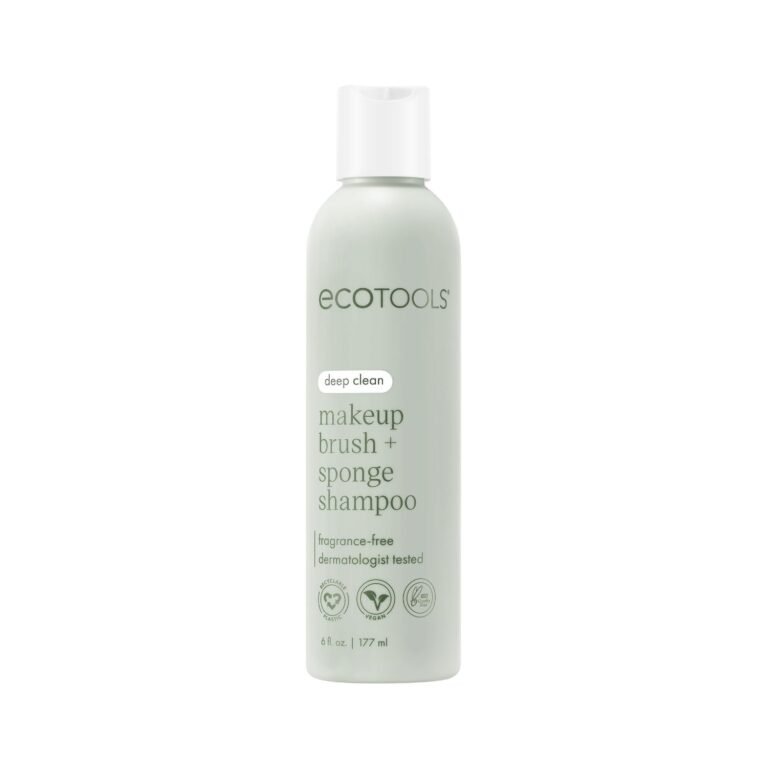 Bottle of EcoTools makeup brush and sponge shampoo, fragrance-free, vegan