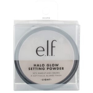 E.l.f. Halo Glow Setting Powder in packaging, labeled "Light" and "Soft-Focus"