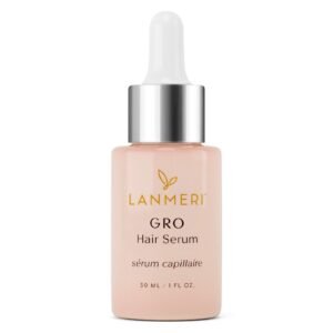 Lanmeri GRO Hair Serum bottle with dropper, pink liquid, white background