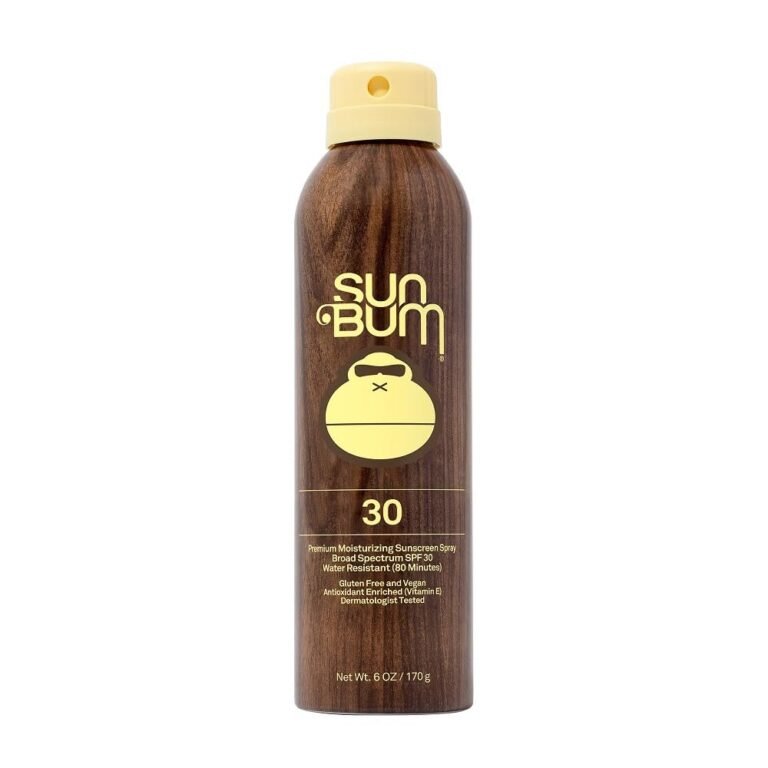 Sun Bum sunscreen spray bottle with SPF 30 and a monkey logo