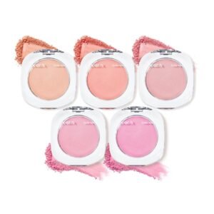 Five different shades of blush compacts with powder swatches