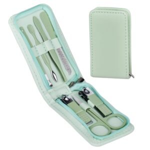 Mint green manicure set with various tools in an open case