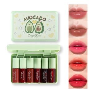 Avocado-themed lip tint set with six mini lip tints and lip color swatches