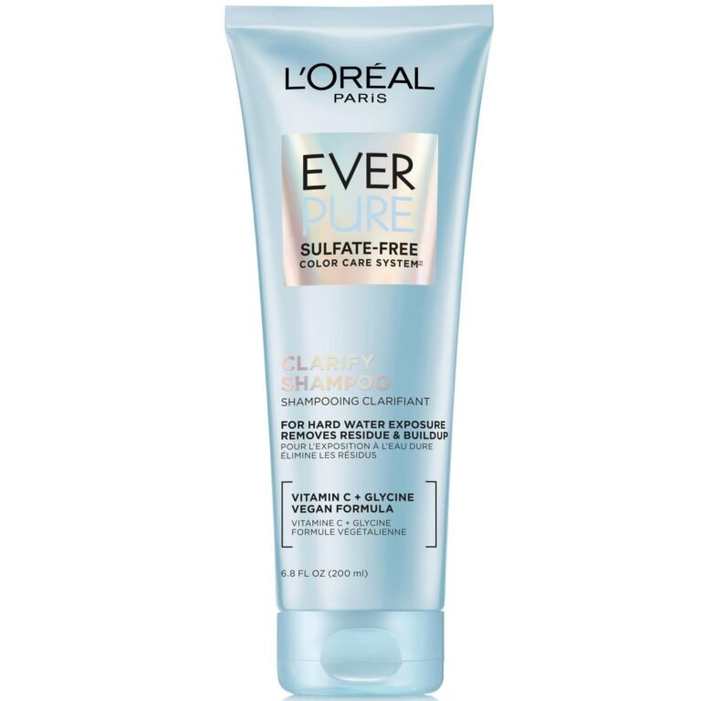 L'Oréal Ever Pure Clarify Shampoo bottle, sulfate-free, for hard water exposure
