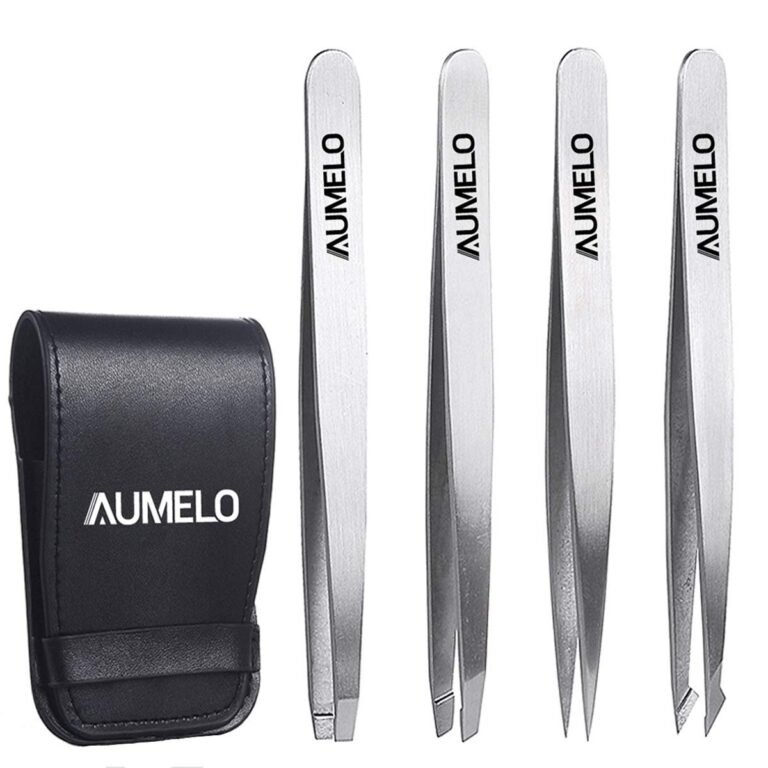 Four stainless steel tweezers with a black case, all branded "AUMELO"