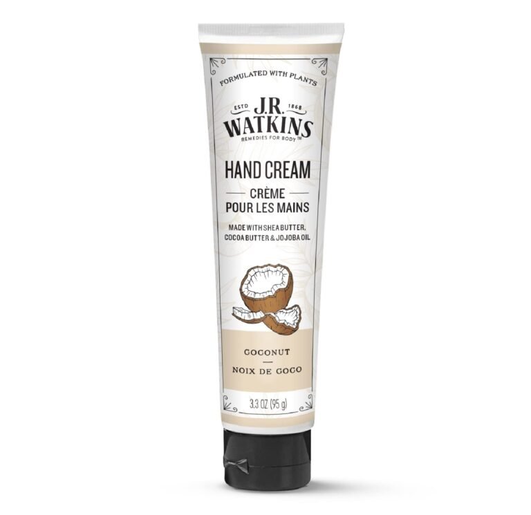 J.R. Watkins coconut hand cream tube with a coconut illustration