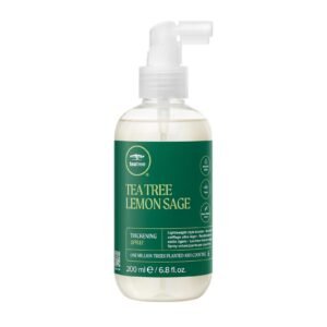 Tea Tree Lemon Sage thickening spray bottle with green label
