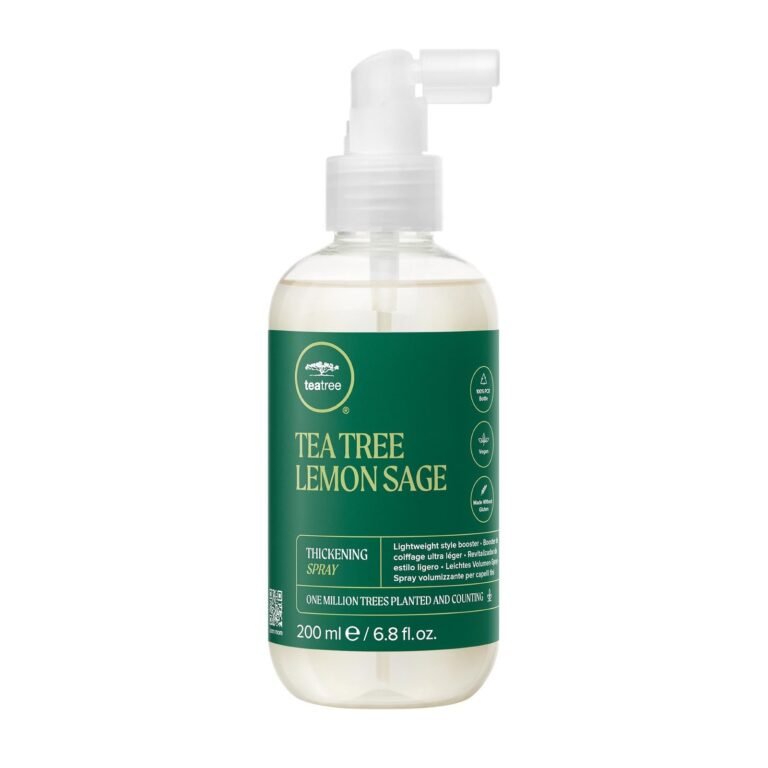 Tea Tree Lemon Sage thickening spray bottle with green label