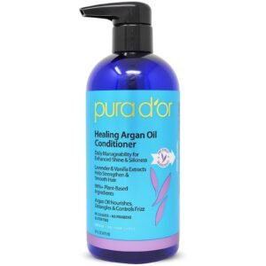 Blue bottle of Pura D'or Healing Argan Oil Conditioner with pump
