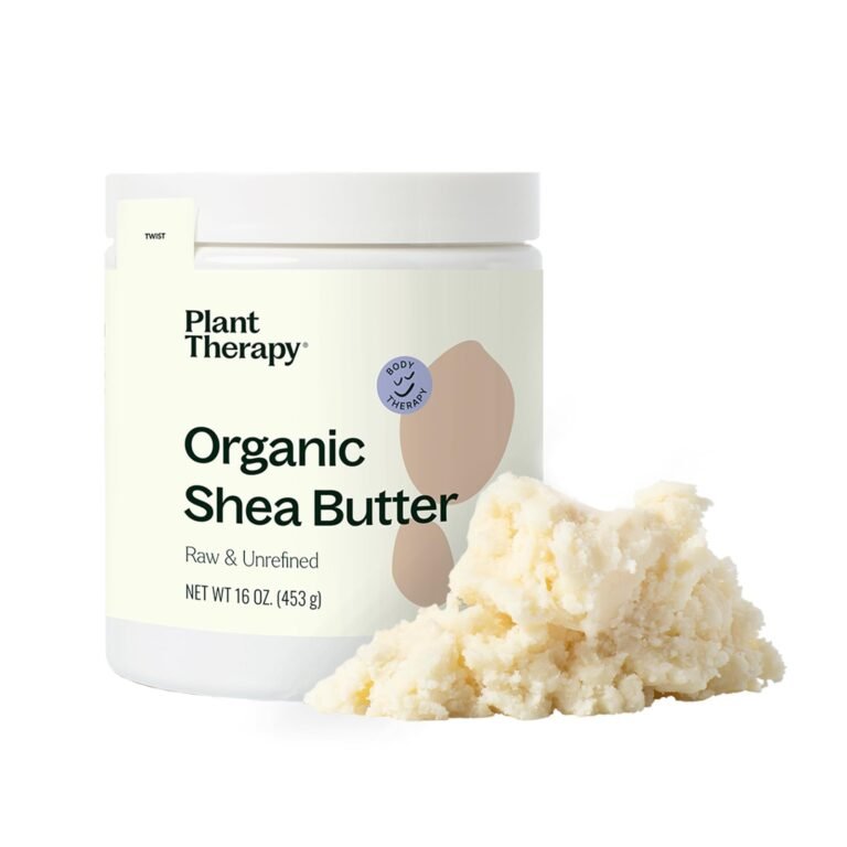 Jar of Plant Therapy organic shea butter with a scoop of product