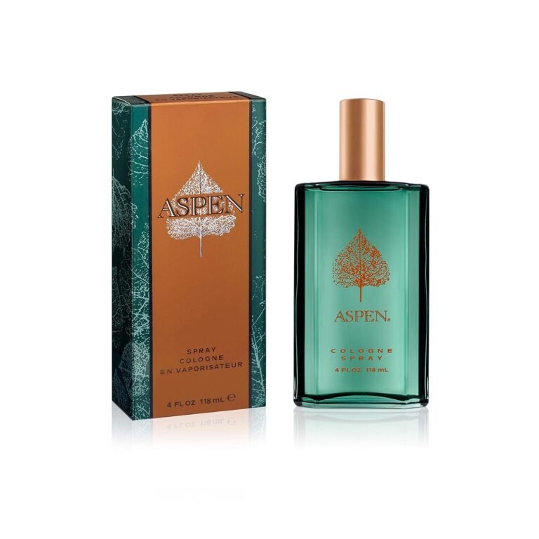 Aspen cologne bottle and box with leaf design, green and brown color scheme