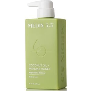 Green MEDIX 5.5 body cream bottle with pump, coconut oil and manuka honey