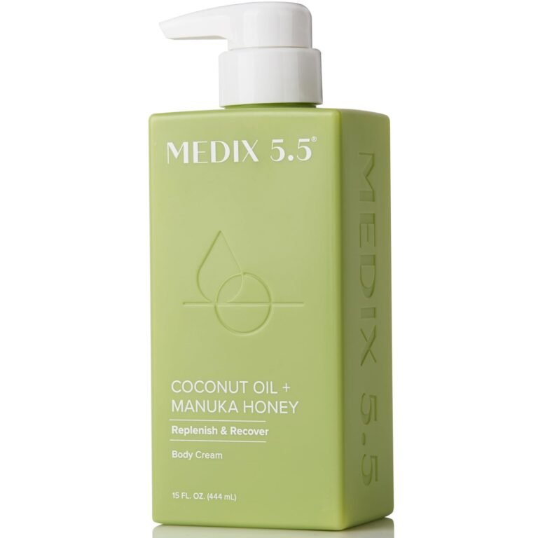 Green MEDIX 5.5 body cream bottle with pump, coconut oil and manuka honey