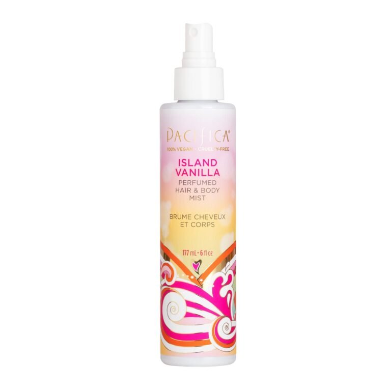 Pacifica Island Vanilla hair and body mist spray bottle with colorful design