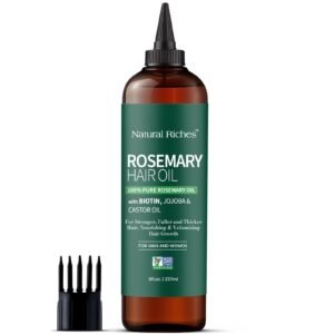 Rosemary hair oil bottle with applicator and comb, promoting hair growth