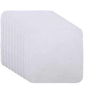 Stack of white, square, cloth baby burp cloths with rounded corners
