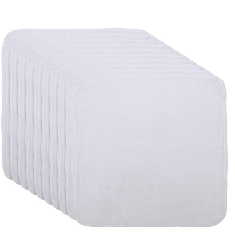 Stack of white, square, cloth baby burp cloths with rounded corners