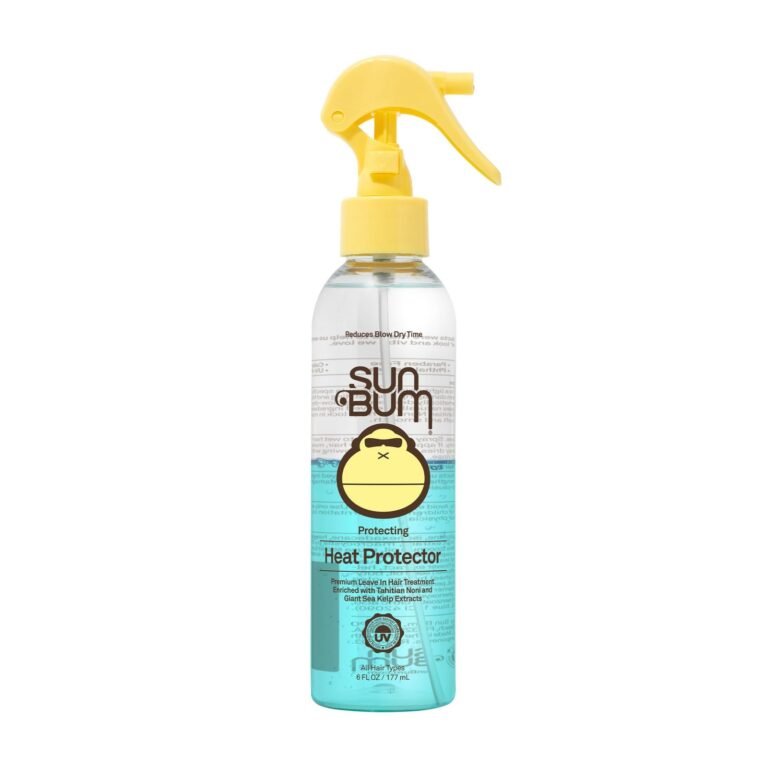 Sun Bum Heat Protector hair product spray bottle with yellow nozzle