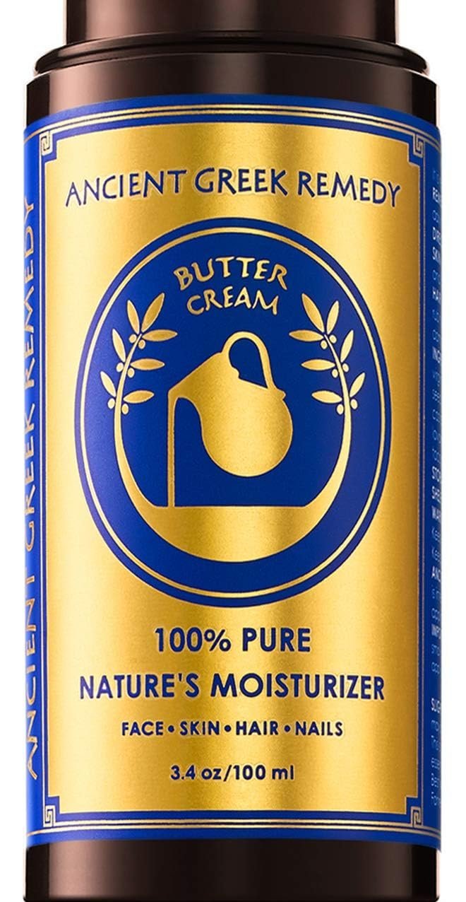 Gold and blue bottle of Ancient Greek Remedy butter cream moisturizer