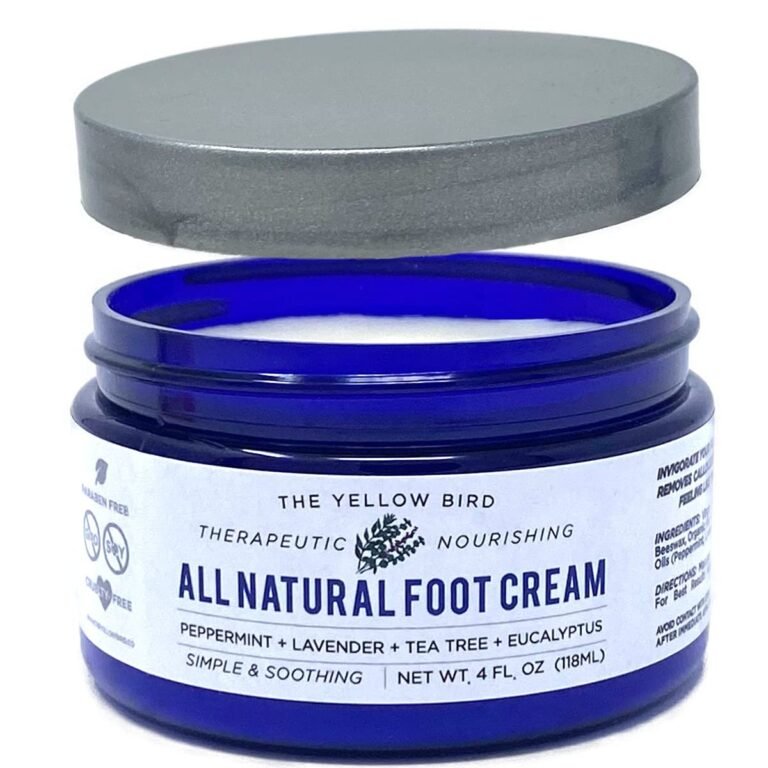 Blue jar of "All Natural Foot Cream" with silver lid