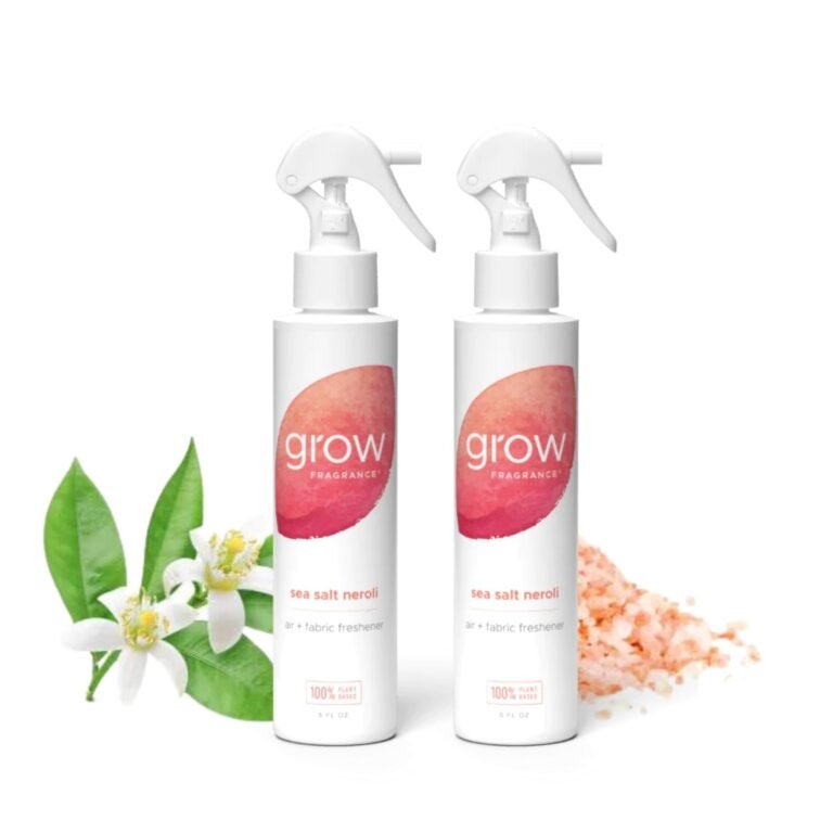 Two "grow" sea salt neroli air freshener bottles with flowers and salt
