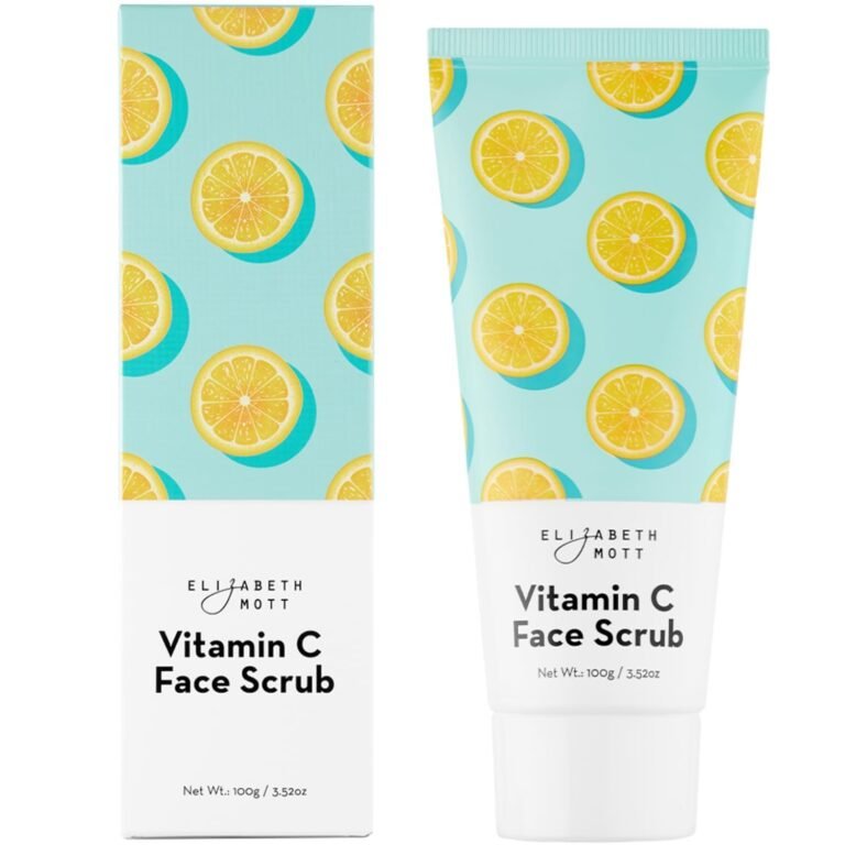 Two Elizabeth Mott Vitamin C Face Scrub products with lemon pattern