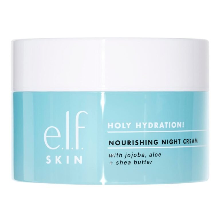 E.l.f. Skin Nourishing Night Cream jar, blue and white, with ingredients listed