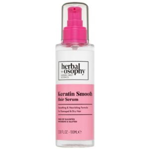 Hair serum bottle with pink pump and Keratin Smooth label