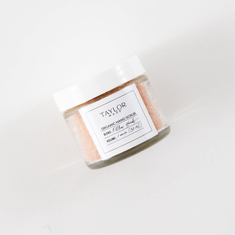 Jar of "Taylor Made" organic hand scrub, "Pillow Hands" blend, on white background