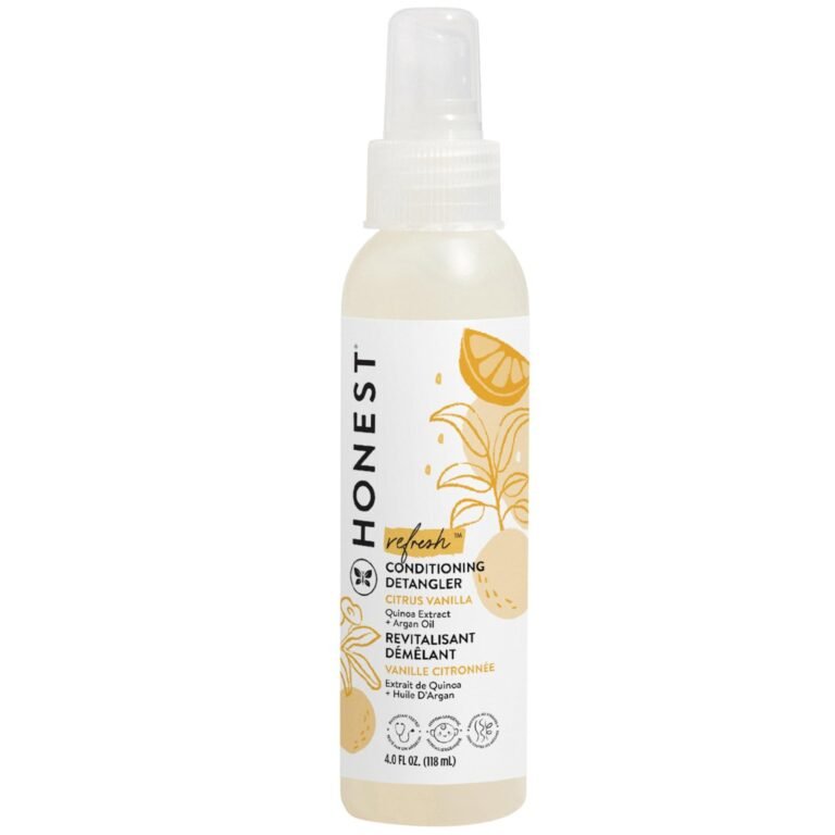 Honest Refresh Citrus Vanilla Conditioning Detangler spray bottle with lemon illustration