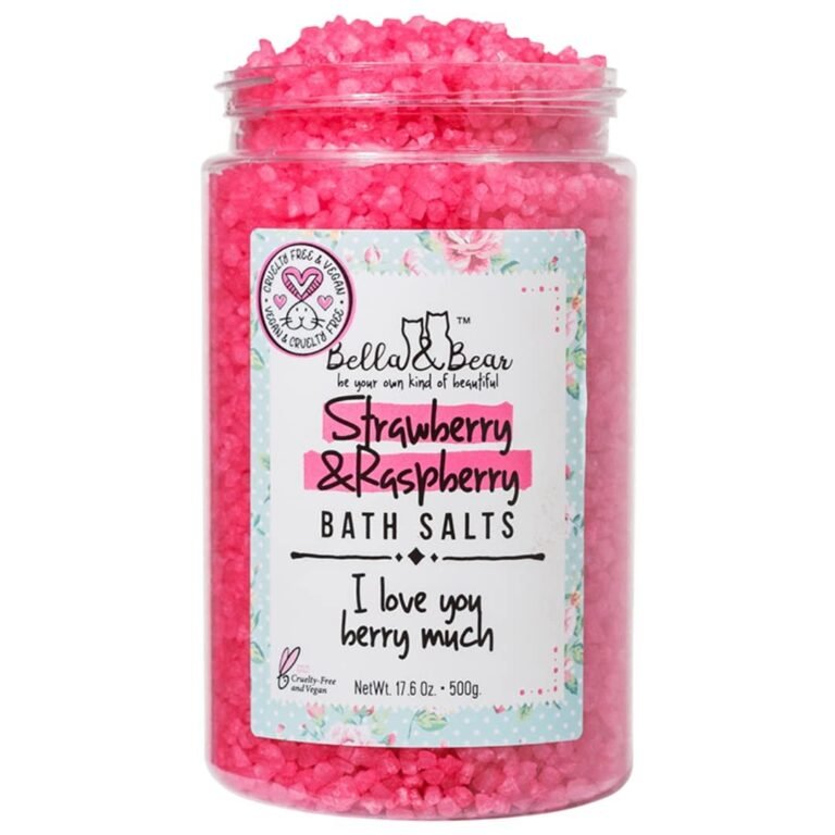 Jar of pink strawberry and raspberry bath salts, cruelty-free and vegan