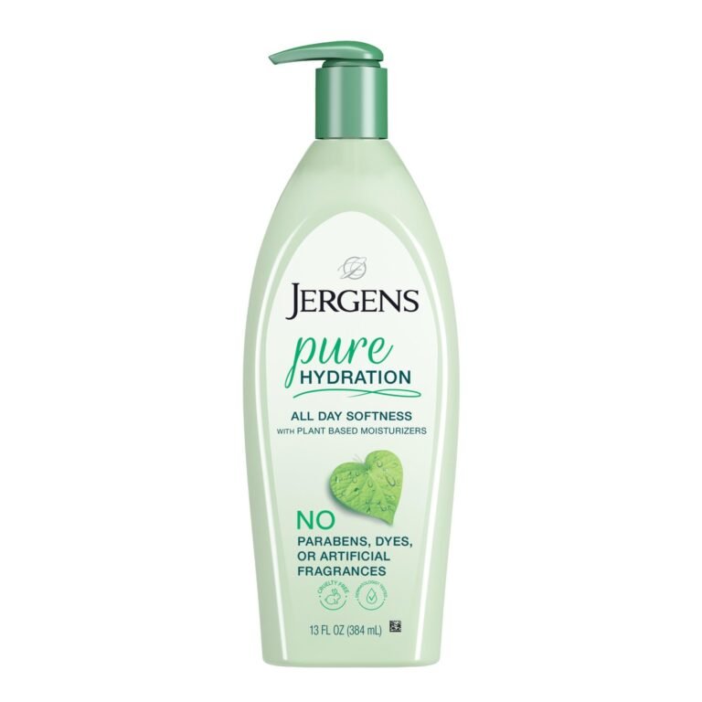 Jergens Pure Hydration lotion bottle with green pump and leaf graphic