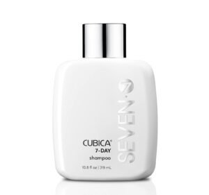 White bottle of Seven Cubica 7-Day shampoo with silver cap