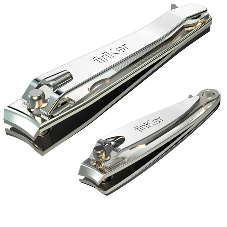 Two shiny chrome nail clippers, one large and one small, on white background
